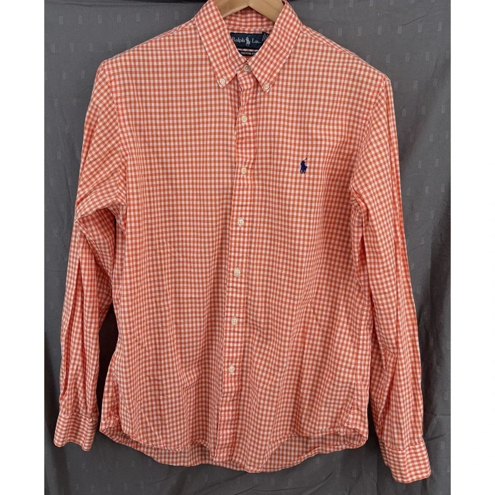 Polo Ralph Lauren Men's Orange Gingham Check Button Down Large Custom‎ Fit
